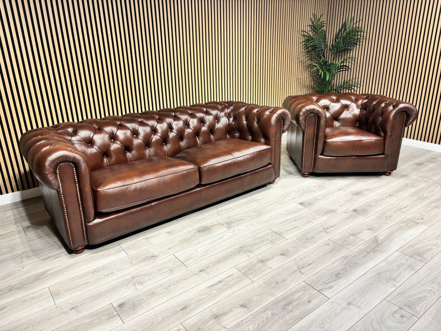 At The Helm Shackleton Style 3 Seater Sofa + Armchair Leather Chesterfield Set