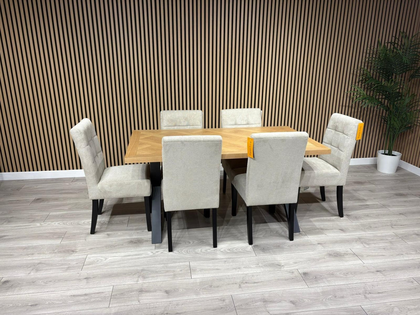 NEXT Sample - LOWRY Oak Parquet Veneer Dining Table + 6 x Chairs - RRP £2,299