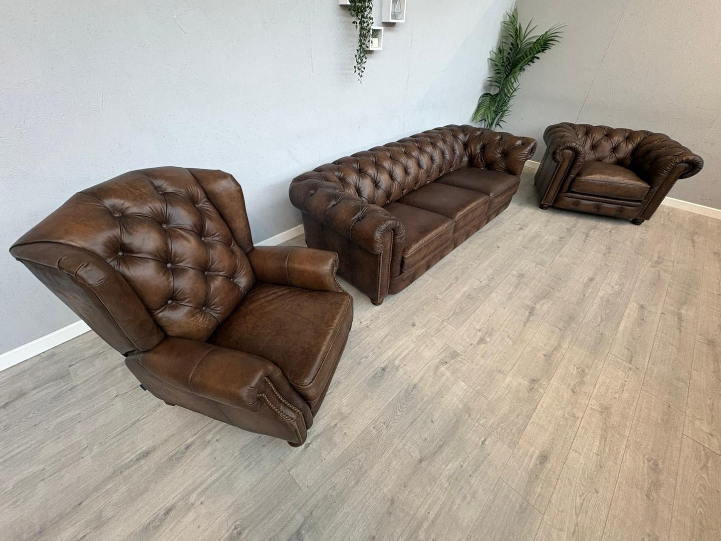 F.V. At The Helm Shackleton Leather Chesterfield 4 Seater Sofa + 2 Chairs, Power