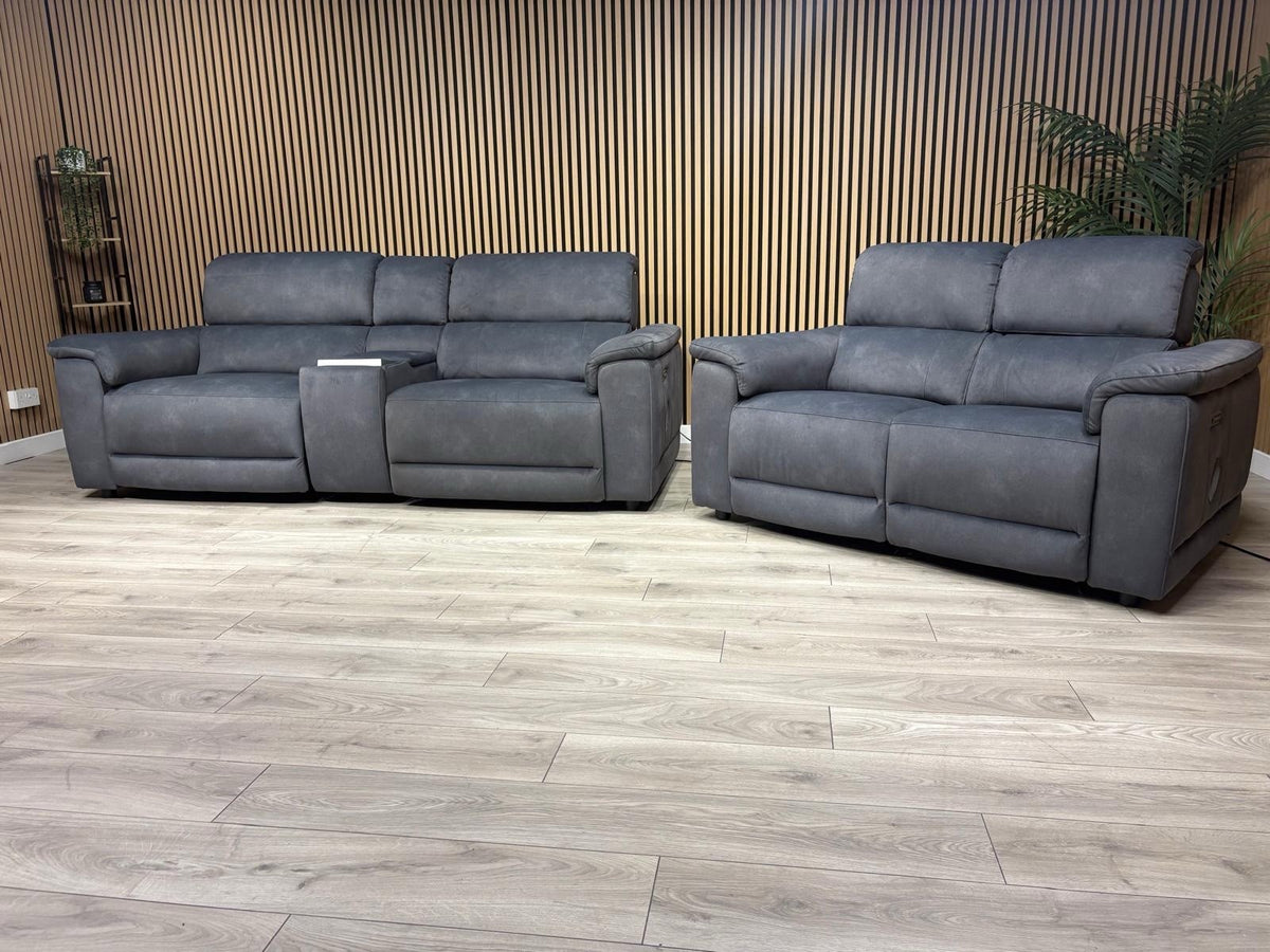 F.V GENIUS Fabric 3 Seater Media Sofa + 2 Seater Power Recliner Set RRP £4940