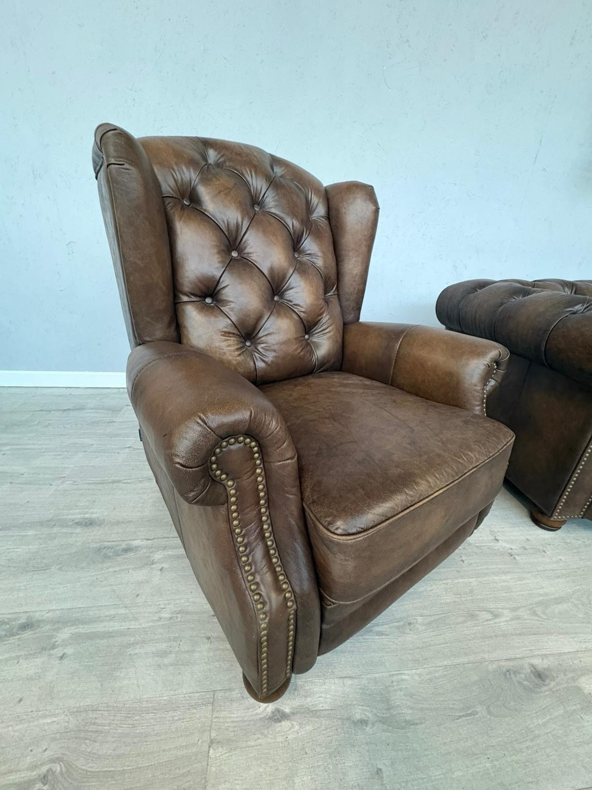 F.V. At The Helm Shackleton Leather Chesterfield 4 Seater Sofa + 2 Chairs, Power