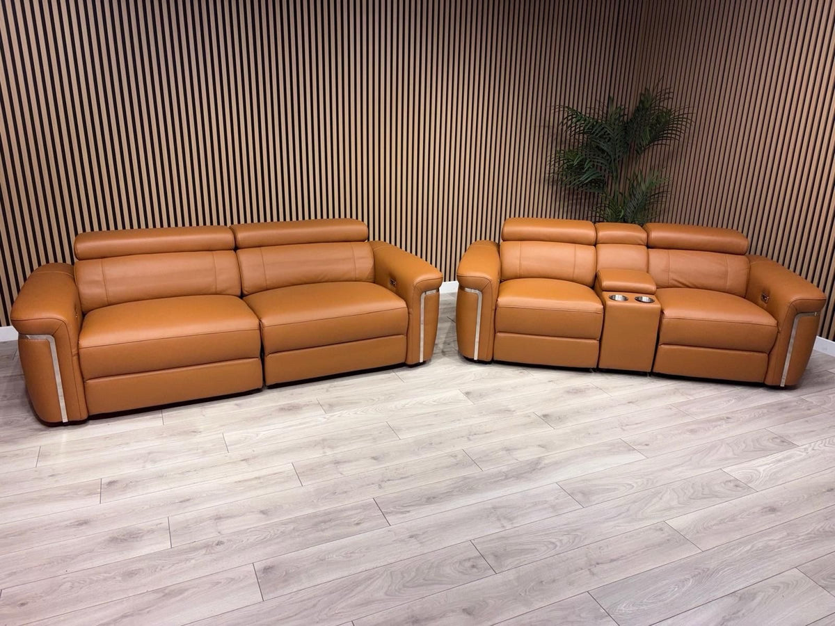 VENICE Leather 3 Seater + 2 Seater Console Power Recliner Sofa Set - RRP £4,598