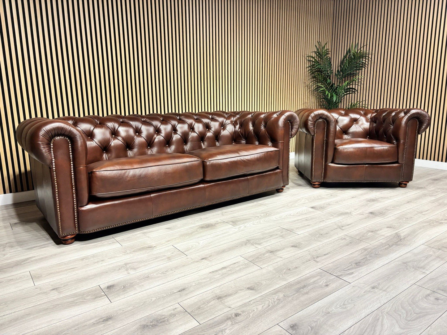 At The Helm Shackleton Style 3 Seater Sofa + Armchair Leather Chesterfield Set