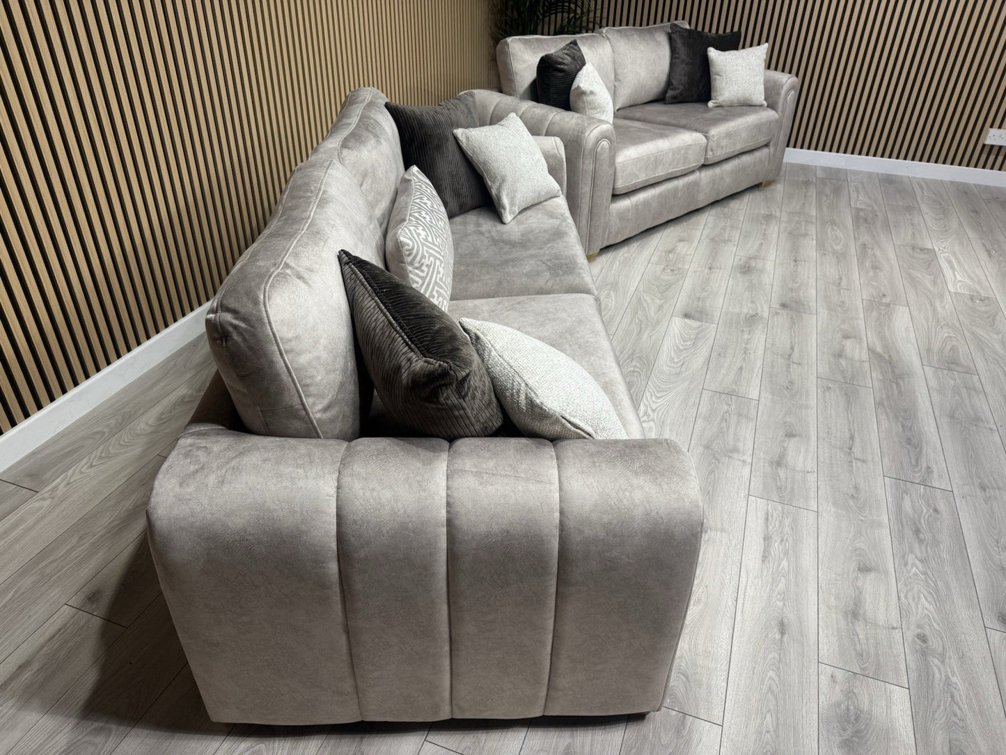 DEVINE Glamour Fabric 3 Seater + 2 Seater Sofa Set, Stone - RRP £2,598