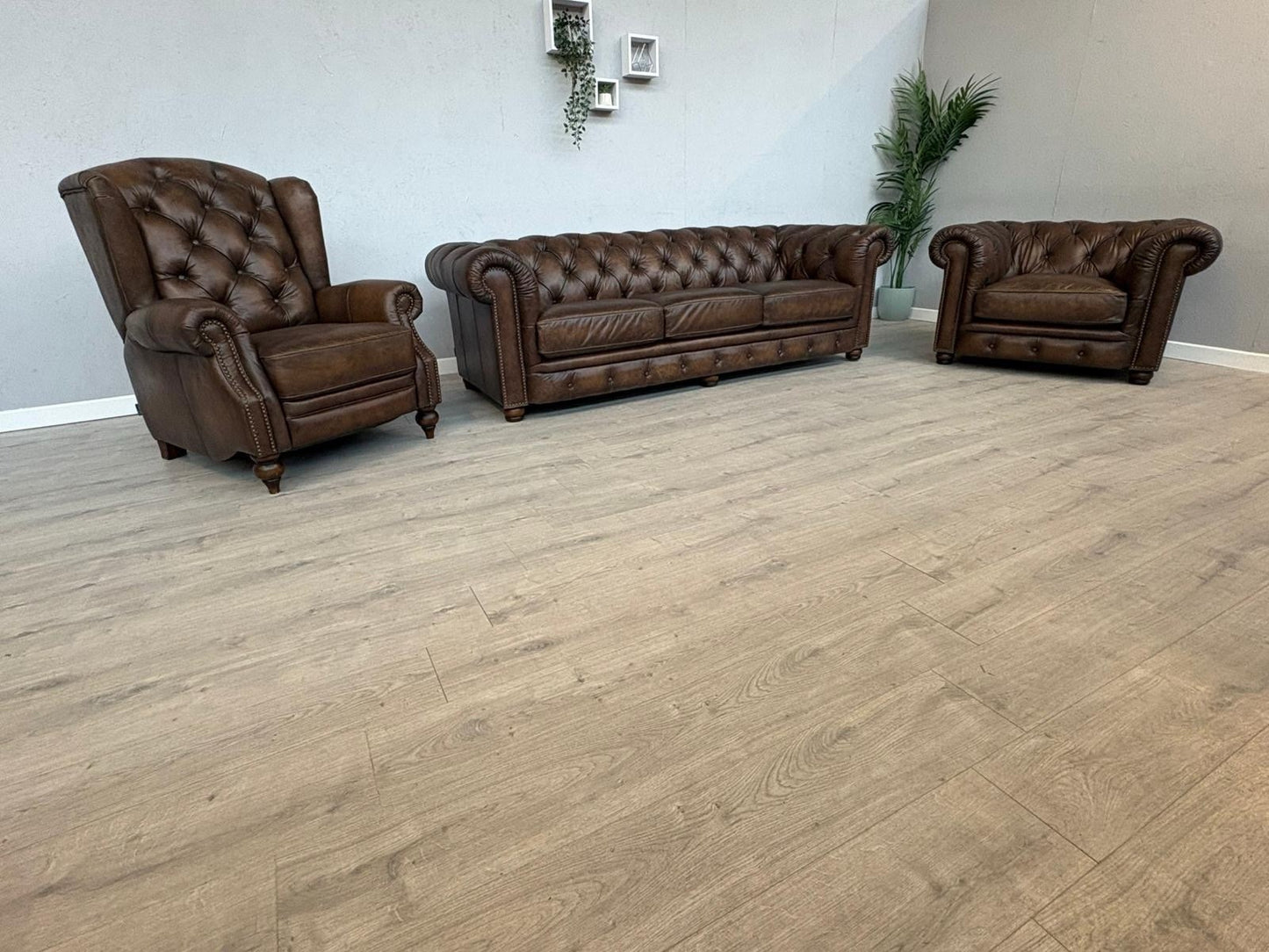 F.V. At The Helm Shackleton Leather Chesterfield 4 Seater Sofa + 2 Chairs, Power