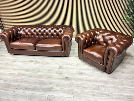 At The Helm Shackleton Style 3 Seater Sofa + Armchair Leather Chesterfield Set