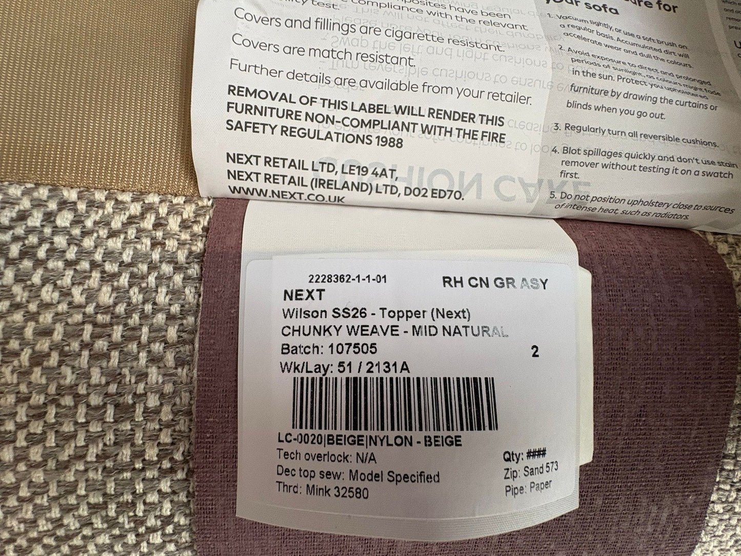 NEXT - WILSON Fabric Small Corner Sofa ( 2 Corner 2 ) Mid Natural - RRP £1,550