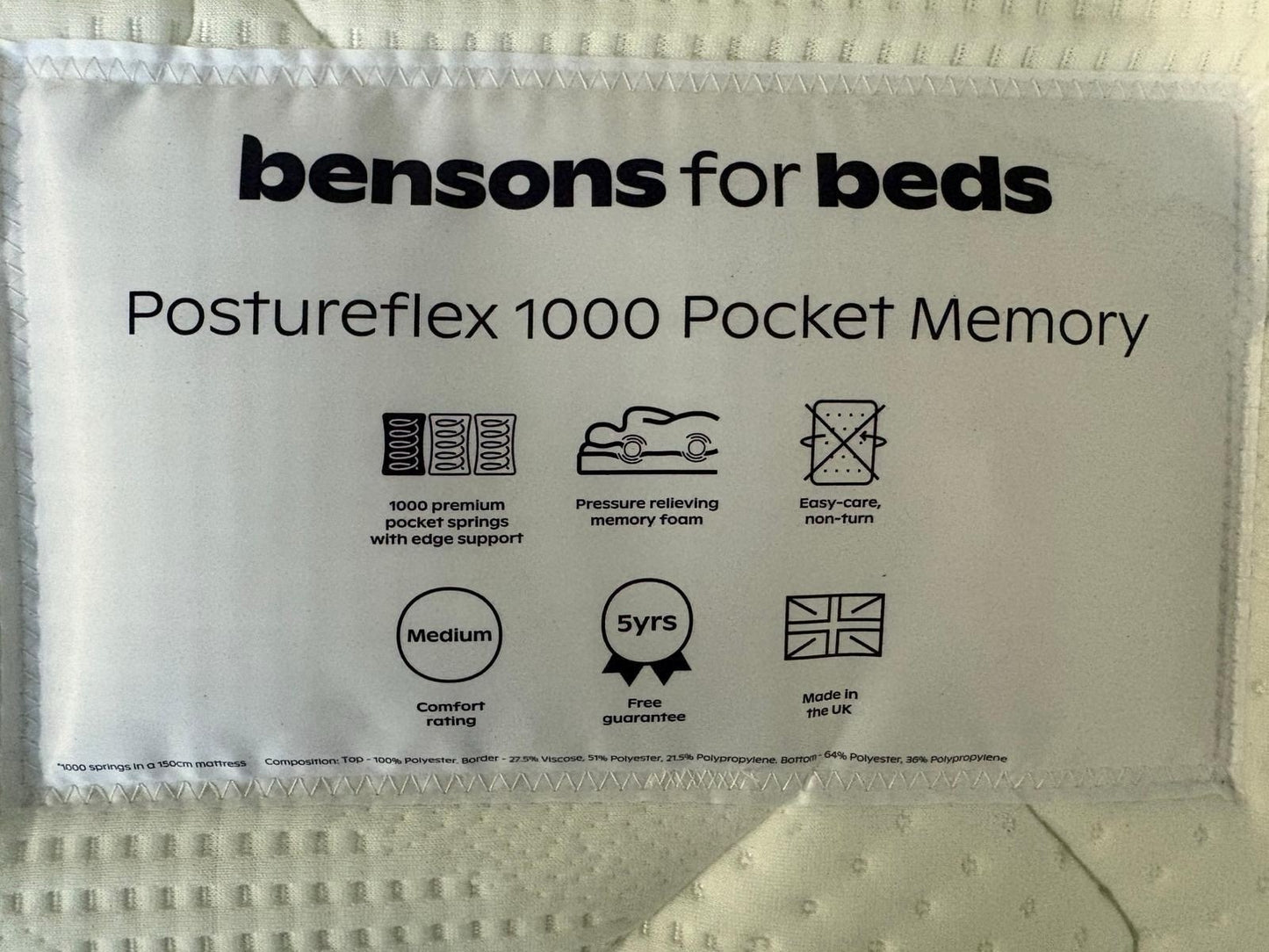 Bensons POSTUREFLEX 1000 Pocket Memory 4ft 6 Double Mattress - RRP £1,299