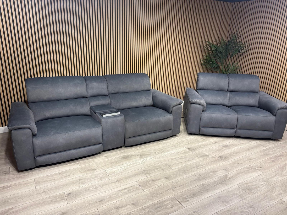 F.V GENIUS Fabric 3 Seater Media Sofa + 2 Seater Power Recliner Set RRP £4940