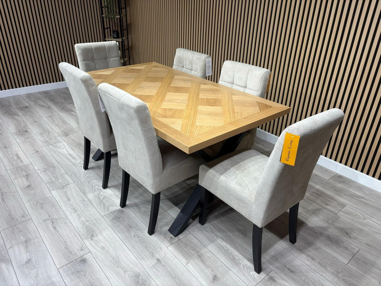 NEXT Sample - LOWRY Oak Parquet Veneer Dining Table + 6 x Chairs - RRP £2,299