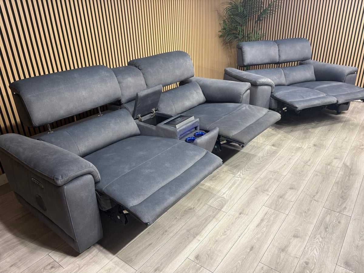 F.V GENIUS Fabric 3 Seater Media Sofa + 2 Seater Power Recliner Set RRP £4940