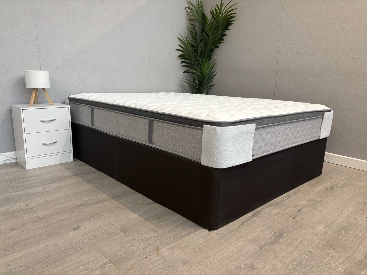 Mattress on a bed frame in a bedroom setting with a nightstand and plant.