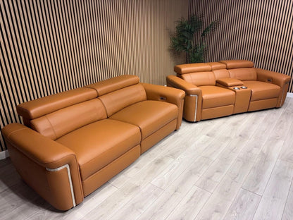 VENICE Leather 3 Seater + 2 Seater Console Power Recliner Sofa Set - RRP £4,598