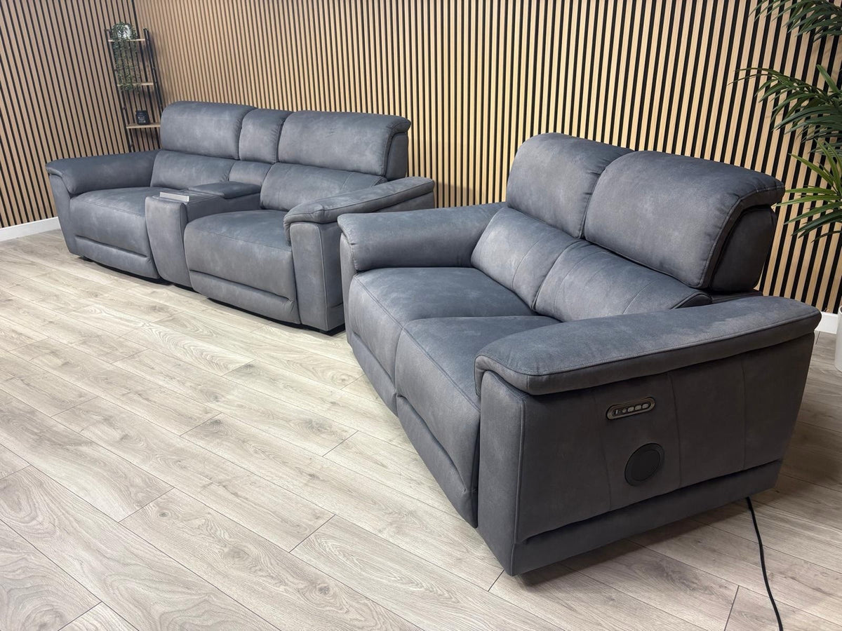 F.V GENIUS Fabric 3 Seater Media Sofa + 2 Seater Power Recliner Set RRP £4940