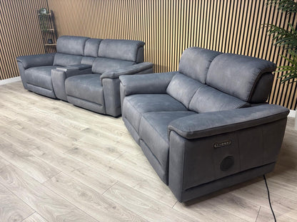 F.V GENIUS Fabric 3 Seater Media Sofa + 2 Seater Power Recliner Set RRP £4940