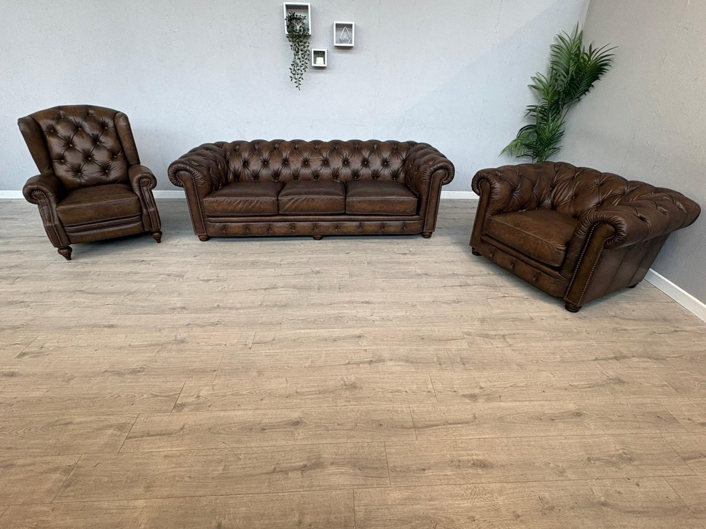 F.V. At The Helm Shackleton Leather Chesterfield 4 Seater Sofa + 2 Chairs, Power