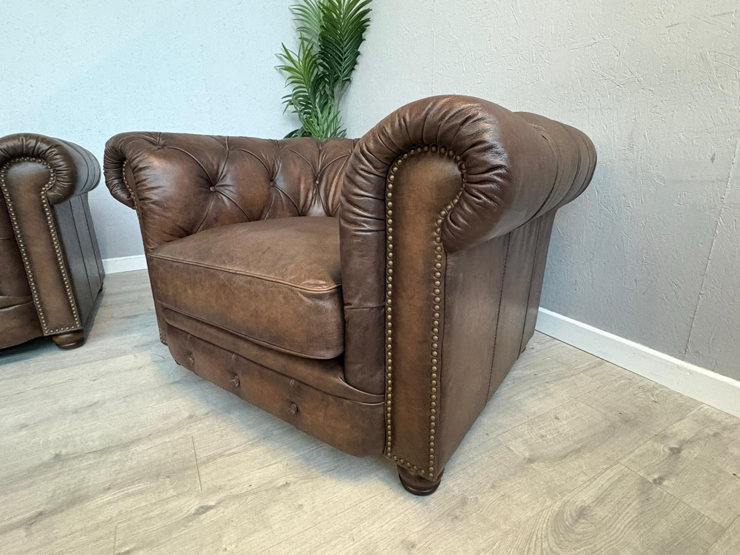 F.V. At The Helm Shackleton Leather Chesterfield 4 Seater Sofa + 2 Chairs, Power