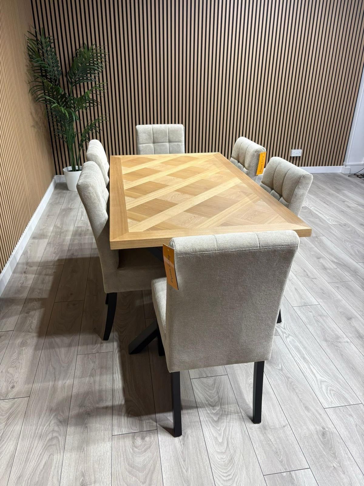 NEXT Sample - LOWRY Oak Parquet Veneer Dining Table + 6 x Chairs - RRP £2,299