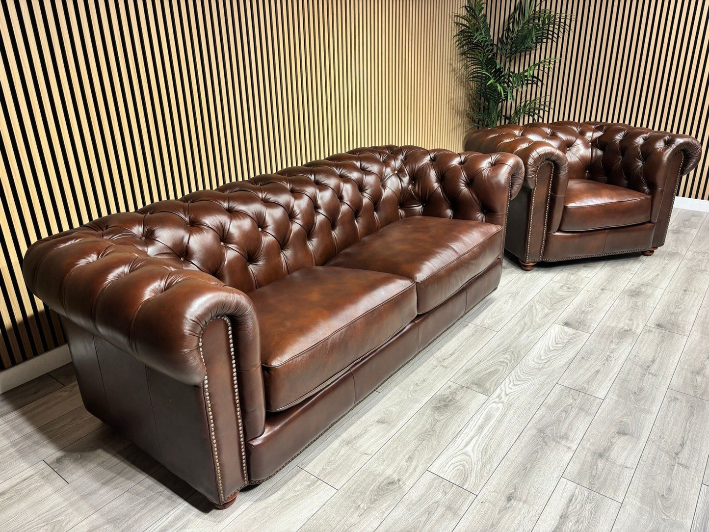 At The Helm Shackleton Style 3 Seater Sofa + Armchair Leather Chesterfield Set