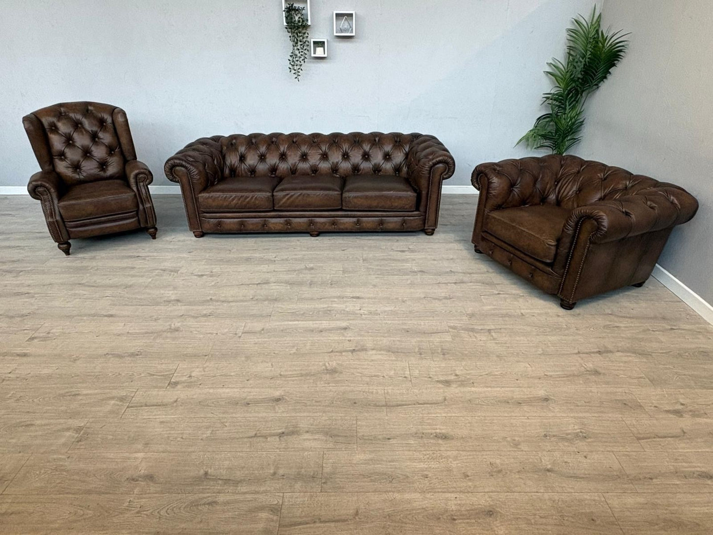 F.V. At The Helm Shackleton Leather Chesterfield 4 Seater Sofa + 2 Chairs, Power