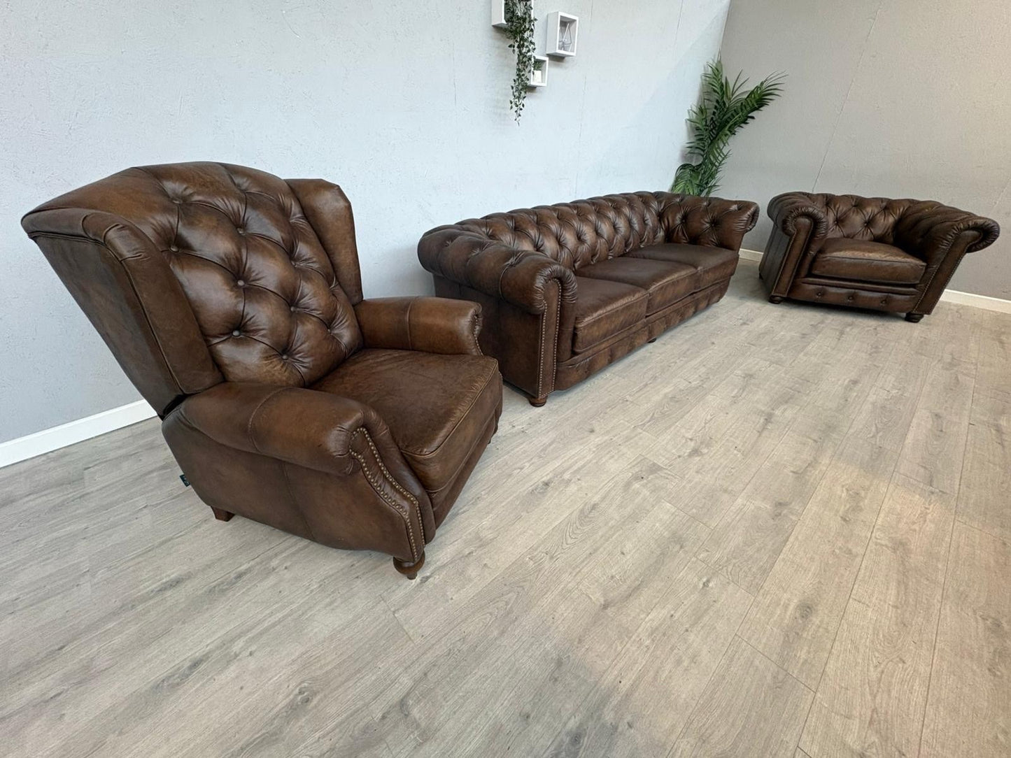 F.V. At The Helm Shackleton Leather Chesterfield 4 Seater Sofa + 2 Chairs, Power