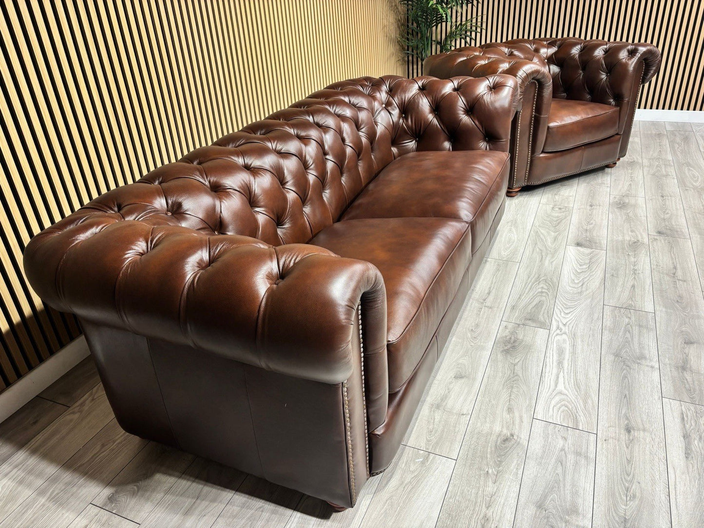At The Helm Shackleton Style 3 Seater Sofa + Armchair Leather Chesterfield Set