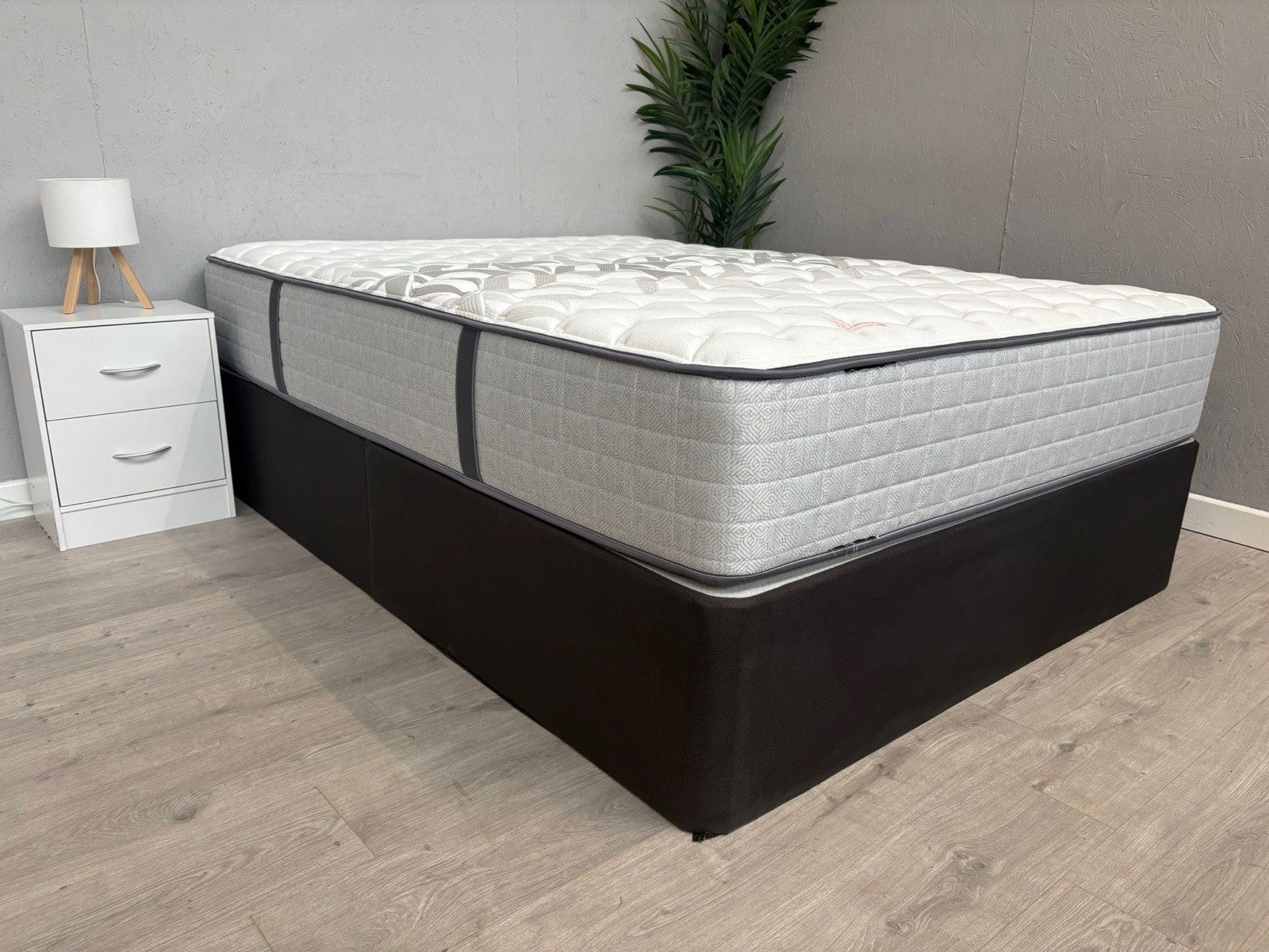 Mattress on a bed frame in a room with a nightstand and plant.