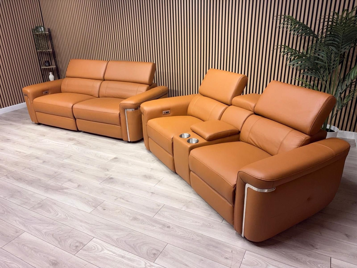 VENICE Leather 3 Seater + 2 Seater Console Power Recliner Sofa Set - RRP £4,598