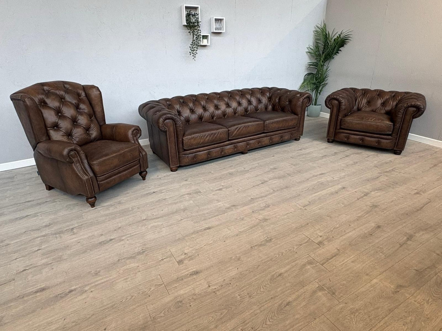 F.V. At The Helm Shackleton Leather Chesterfield 4 Seater Sofa + 2 Chairs, Power