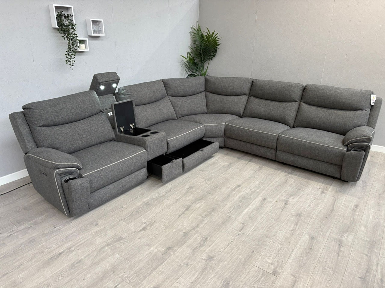 DFS Trek Fabric 2 Corner 2 Power Recliner Sofa with Console + Footstool - RRP £2578