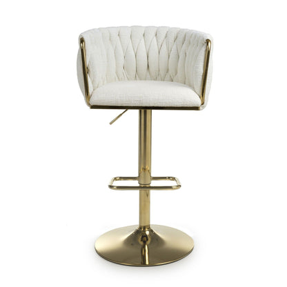 Cream Linen Fabric Adjustable Swivel Bar Stool Gold Legs