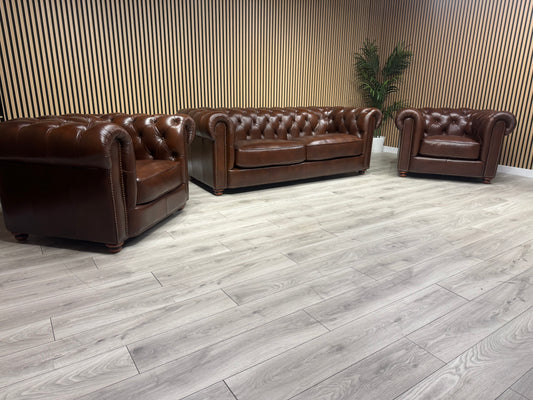 At The Helm Shackleton Style 3 Seater + 2 Armchairs Leather Chesterfield Sofa Set