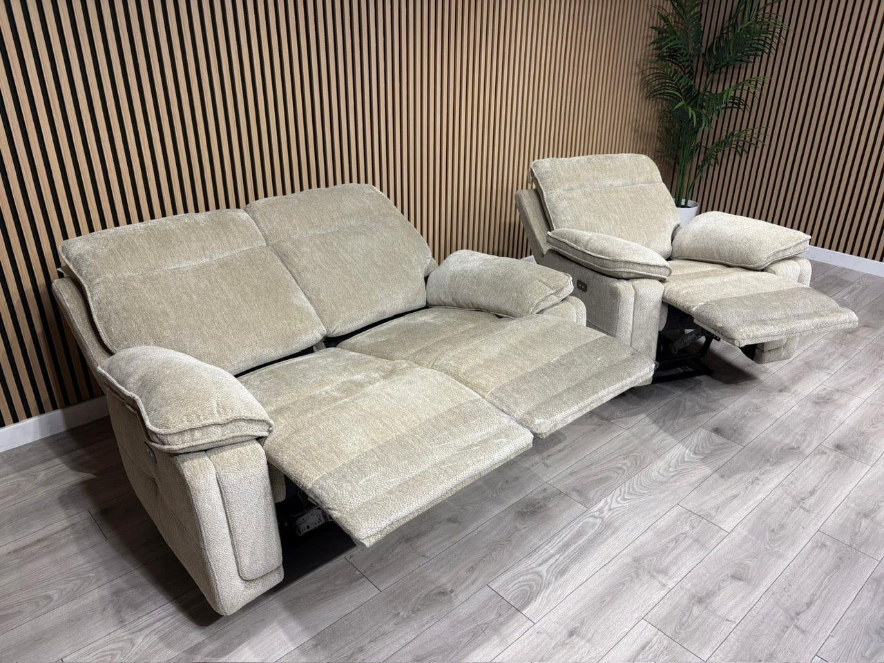DFS Sample - Cadenza Style Fabric 2 Seater + Armchair Power Sofa Set - RRP £2488