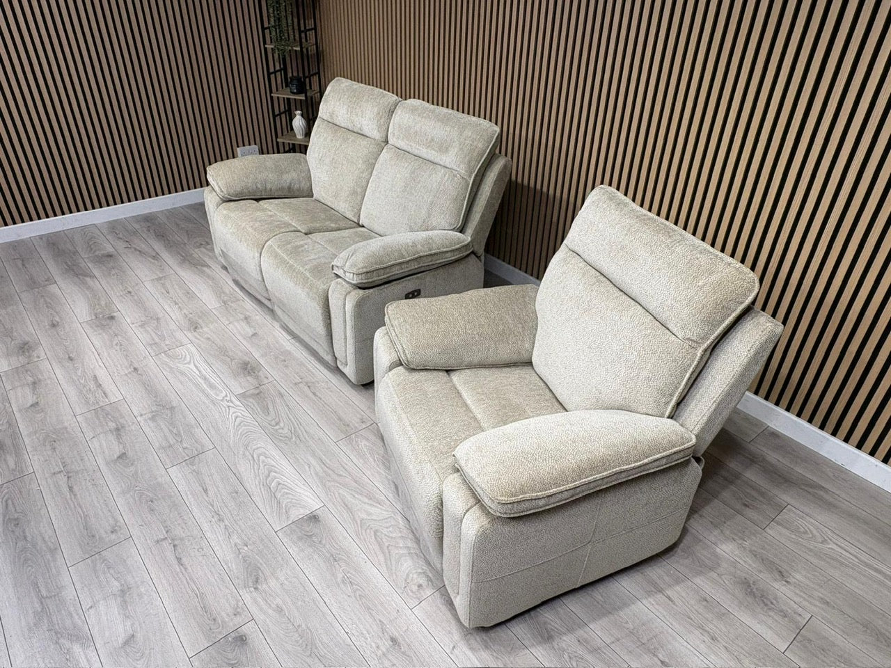 DFS Sample - Cadenza Style Fabric 2 Seater + Armchair Power Sofa Set - RRP £2488