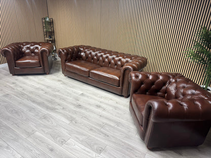 At The Helm Shackleton Style 3 Seater + 2 Armchairs Leather Chesterfield Sofa Set