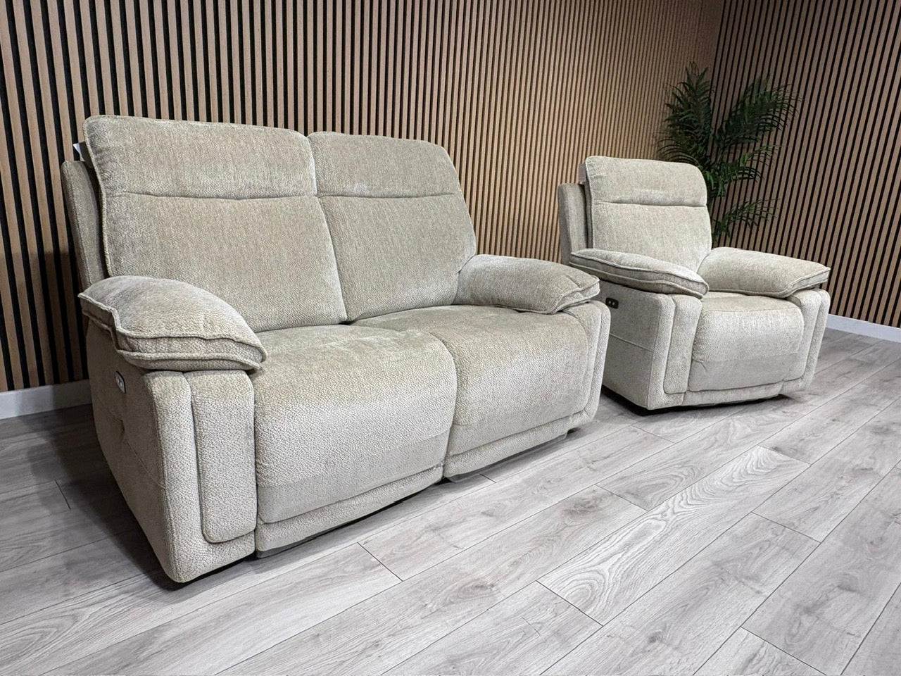 DFS Sample - Cadenza Style Fabric 2 Seater + Armchair Power Sofa Set - RRP £2488