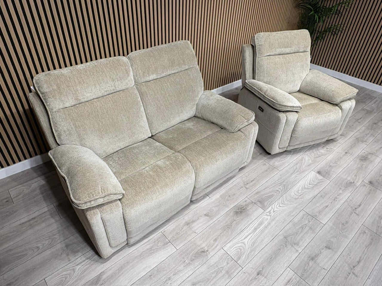 DFS Sample - Cadenza Style Fabric 2 Seater + Armchair Power Sofa Set - RRP £2488
