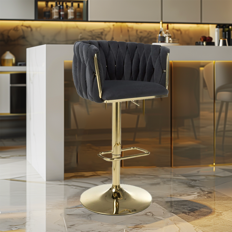Black Velvet Fabric Adjustable Swivel Bar Stool Gold Legs