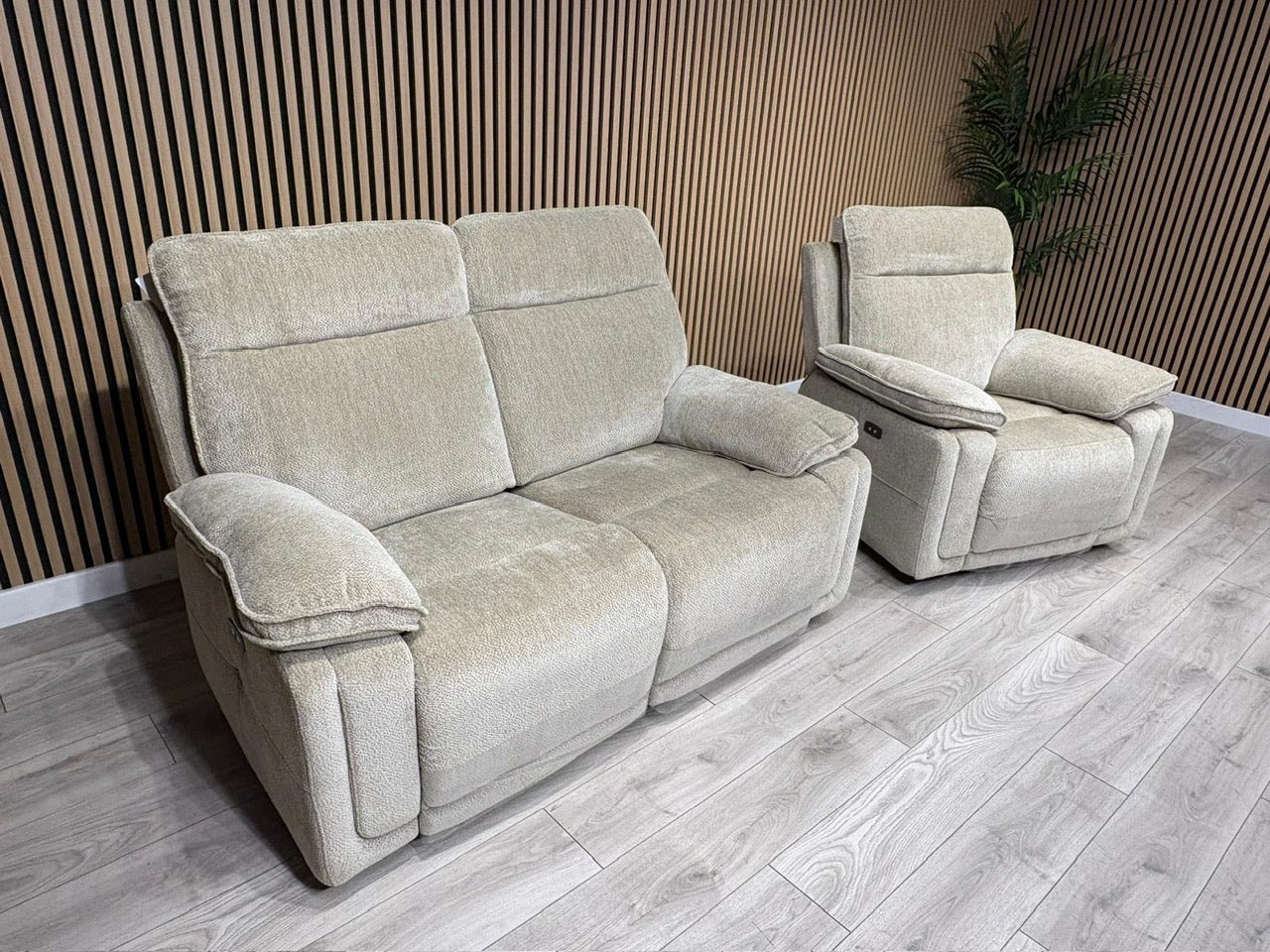 DFS Sample - Cadenza Style Fabric 2 Seater + Armchair Power Sofa Set - RRP £2488