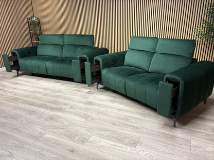 Furniture Village Elphaba Fabric 3+2 Seater Power Recliner Sofa Set with Storage Arms RRP £3240
