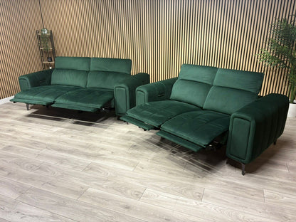 Furniture Village Elphaba Fabric 3+2 Seater Power Recliner Sofa Set with Storage Arms RRP £3240