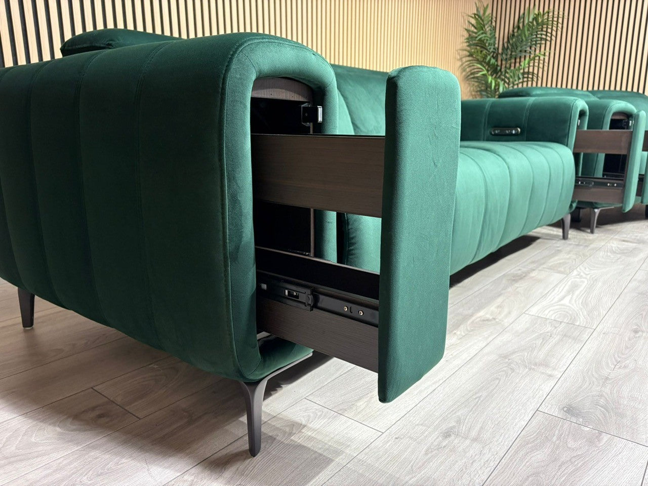 Furniture Village Elphaba Fabric 3+2 Seater Power Recliner Sofa Set with Storage Arms RRP £3240