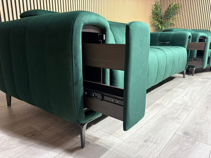 Furniture Village Elphaba Fabric 3+2 Seater Power Recliner Sofa Set with Storage Arms RRP £3240