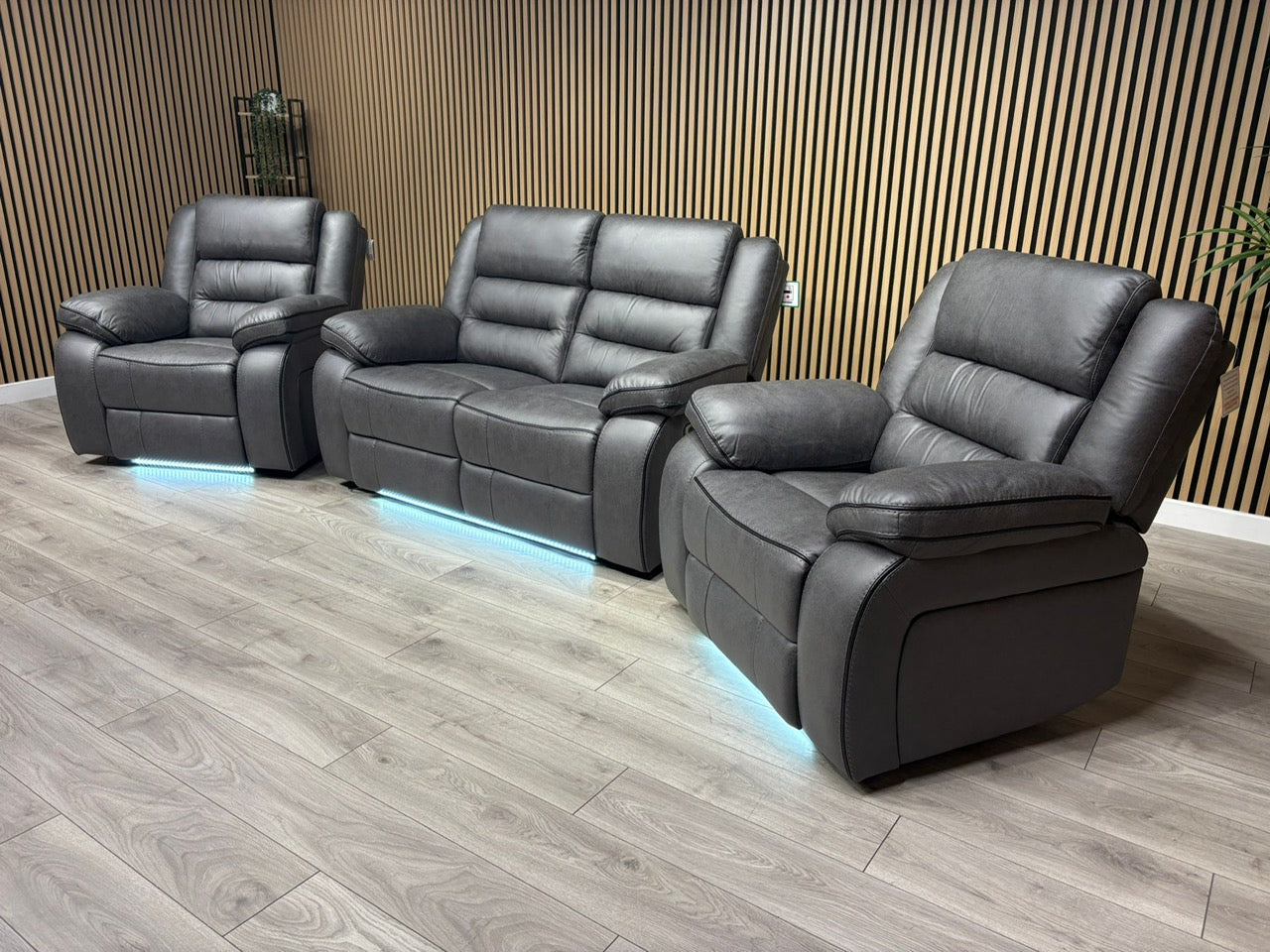 DFS Eigar Style Fabric 2 Seater + 2 Armchairs Sofa Set Power Recliners + LED Lights RRP £2599