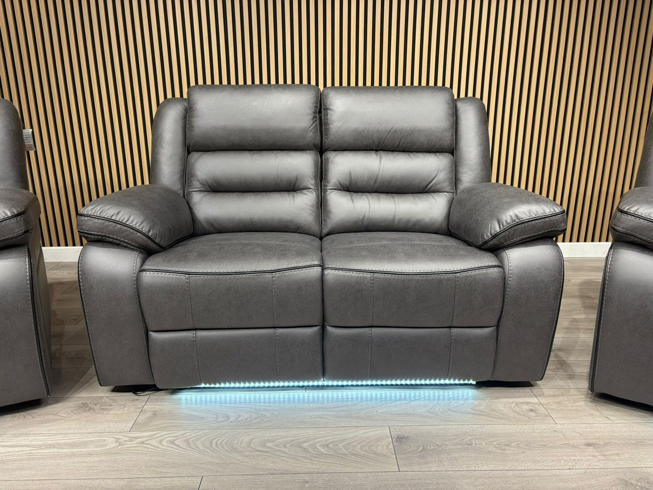 DFS Eigar Style Fabric 2 Seater + 2 Armchairs Sofa Set Power Recliners + LED Lights RRP £2599