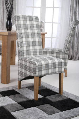 Brown and Grey Checked Fabric Scroll Back Dining Chair