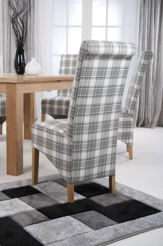 Brown and Grey Checked Fabric Scroll Back Dining Chair