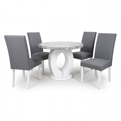 Marble Top Round Dining Table Set 4 Steel Grey Chairs