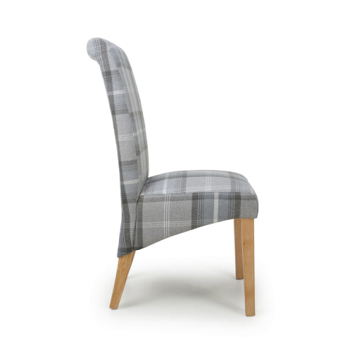 Check Grey Fabric Scroll Back Dining Chair