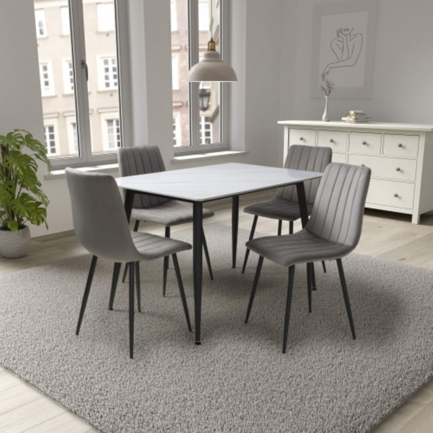 Monaco 1.2m White And 4 Lisbon Grey Dining Set